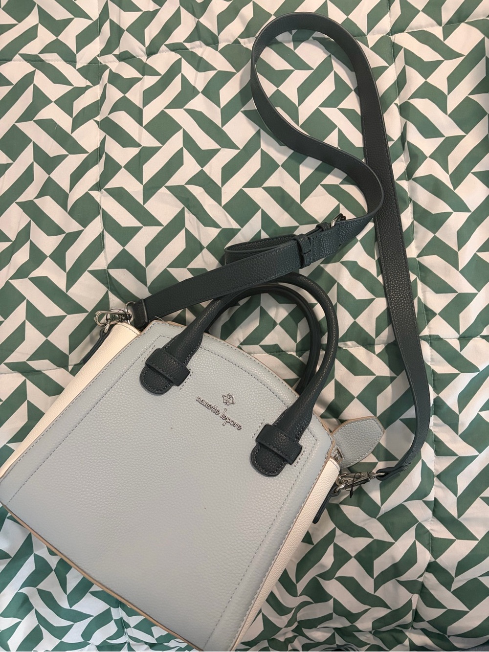 Nanette Lepore Light Blue and Dark Green Pebbled Leather Crossbody